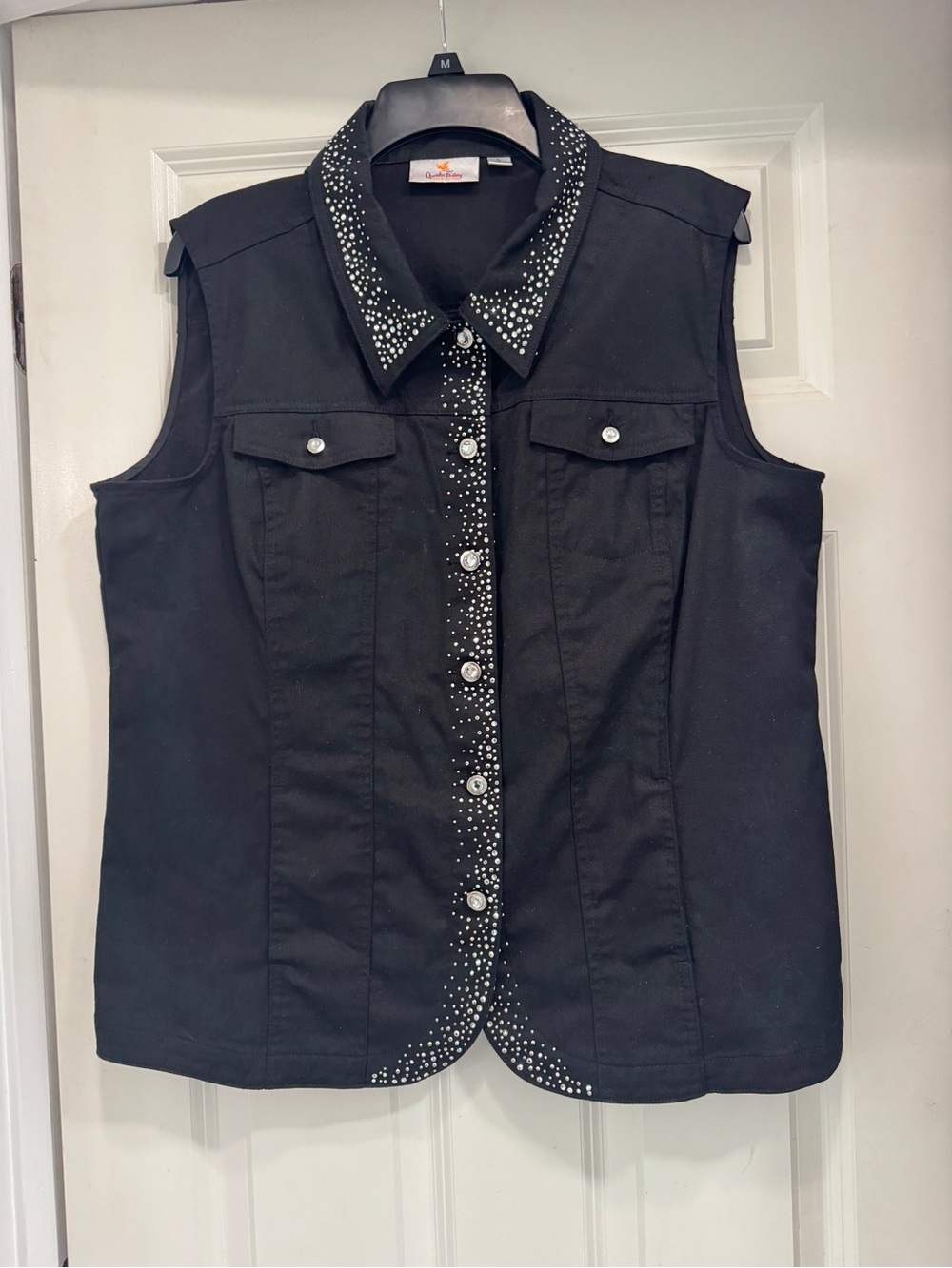 Quacker Factory Black Button down Vest with rhinestones accents; western glam